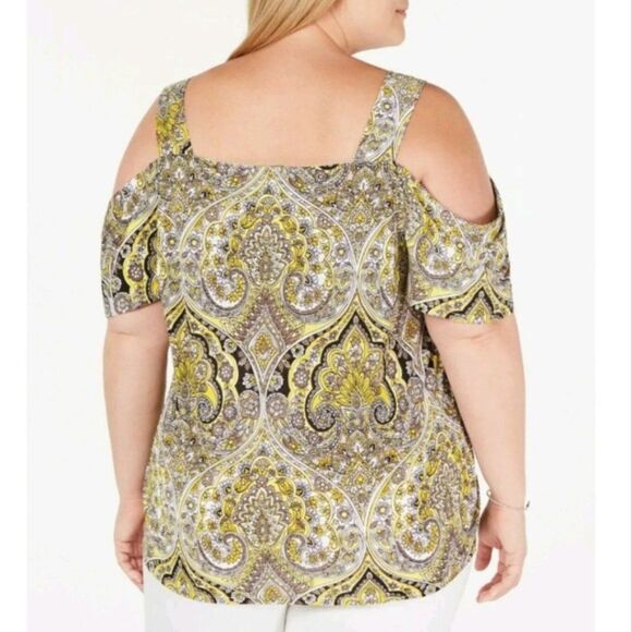 INC -261 International Concepts Cold Shoulder Paisley Floral Top Size XL Yellow‎ - Picture 2 of 10